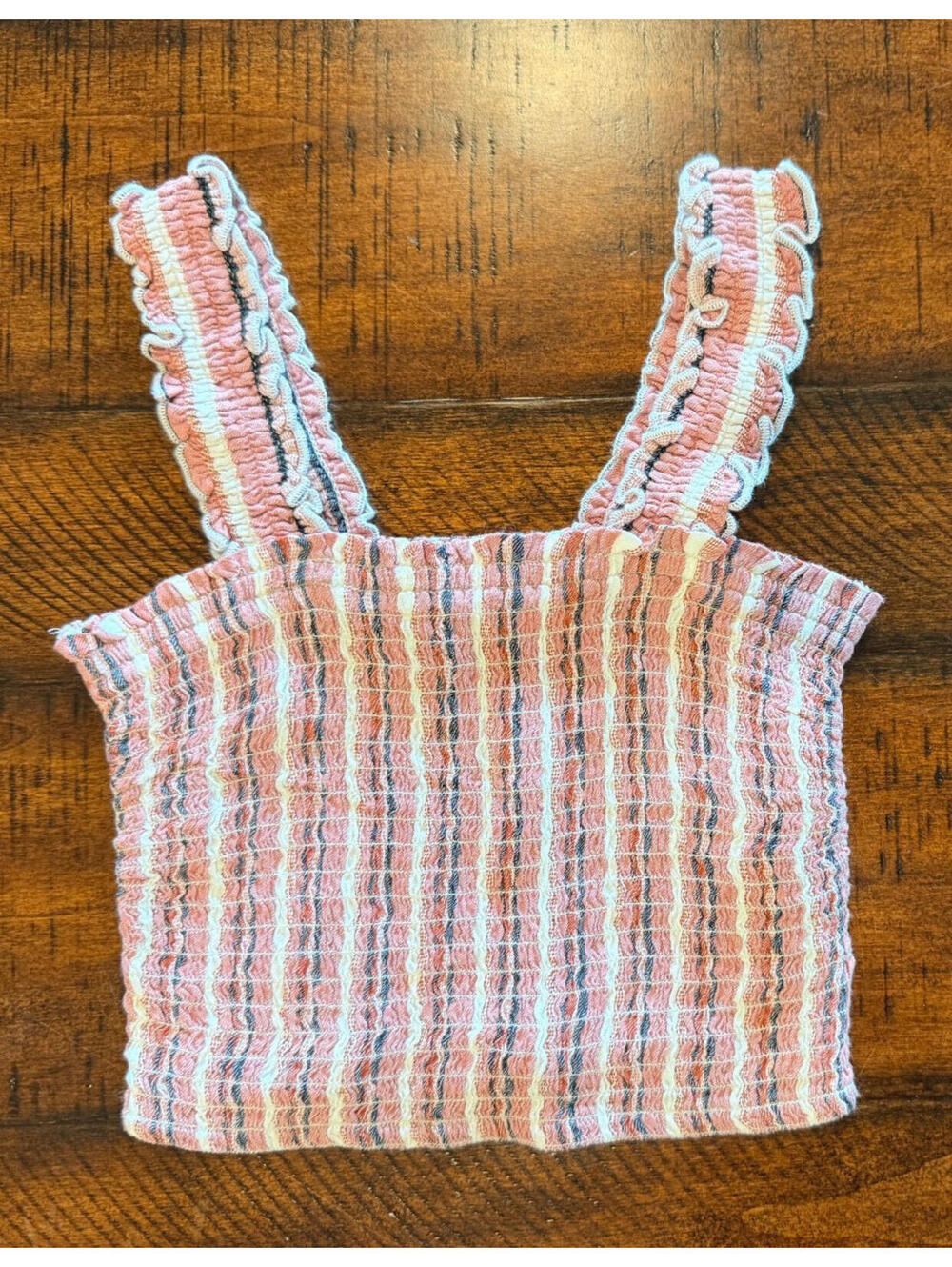 Hollister Pink Striped Smocked Crop Top with Ruffled Shoulder Straps - Size XS
